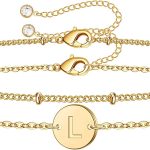 MONOZO Gold Initial Bracelets for Women Girls, Dainty 14K Gold Filled Layered Beaded Letter Initial Bracelet Personalized 26 Alphabet Disc Monogram Charm Bracelet Jewelry Gifts for Girls